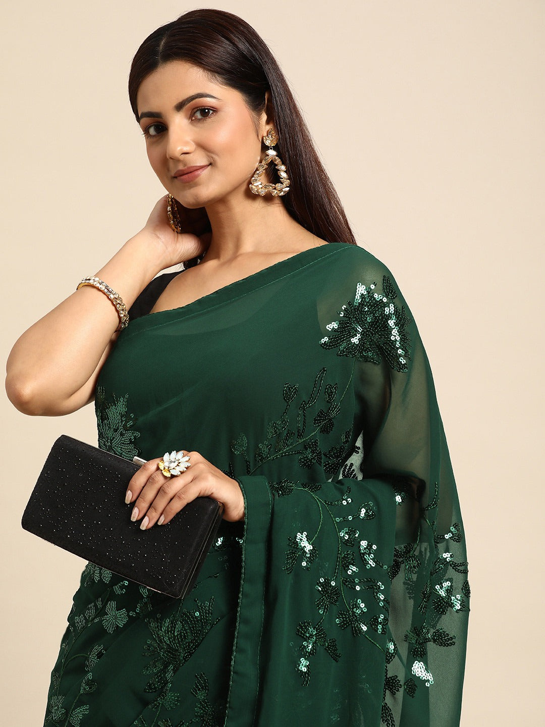 NAINARA Dark Green Georgette Embroidered Saree with Sequins Work and Unstitched Blouse