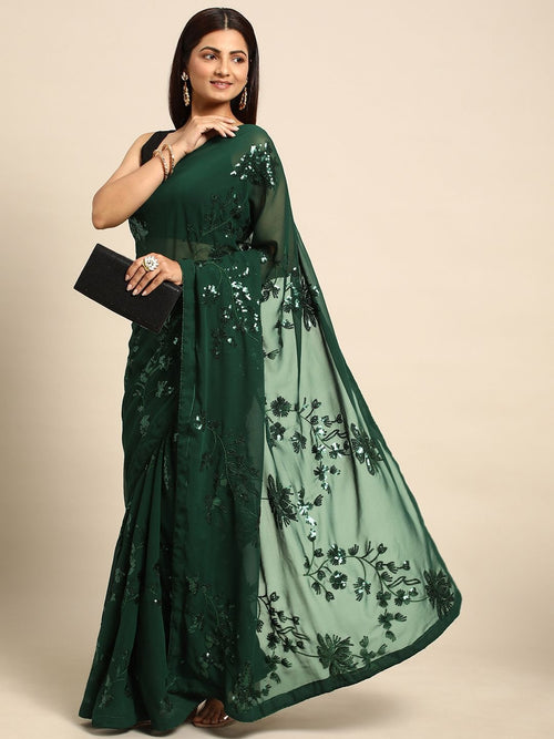 NAINARA Dark Green Georgette Embroidered Saree with Sequins Work and Unstitched Blouse