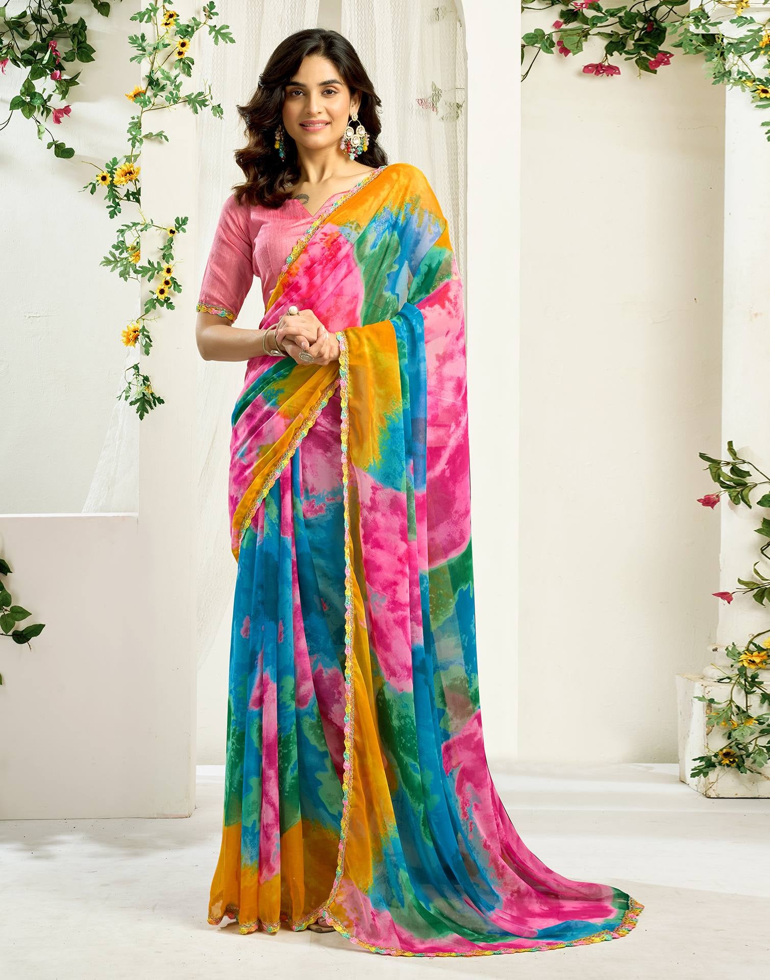 NAINARA Multicolor Georgette Saree with Lace Border and Matching Blouse Piece