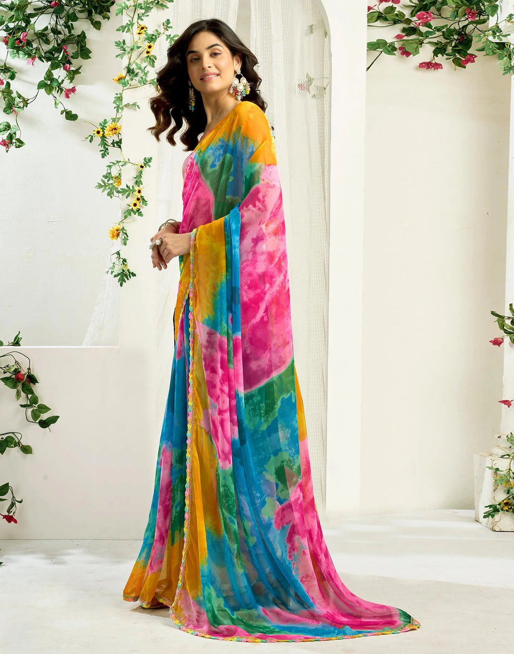 NAINARA Multicolor Georgette Saree with Lace Border and Matching Blouse Piece
