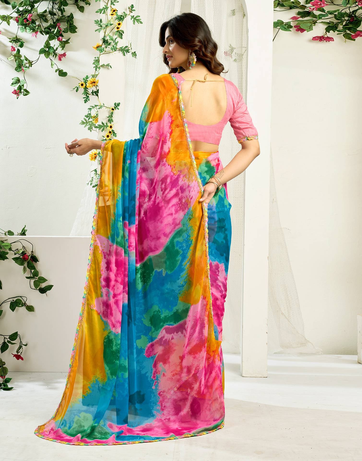 NAINARA Multicolor Georgette Saree with Lace Border and Matching Blouse Piece