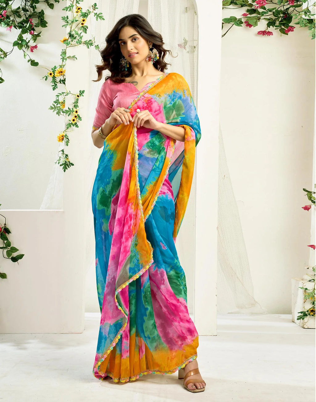 NAINARA Multicolor Georgette Saree with Lace Border and Matching Blouse Piece