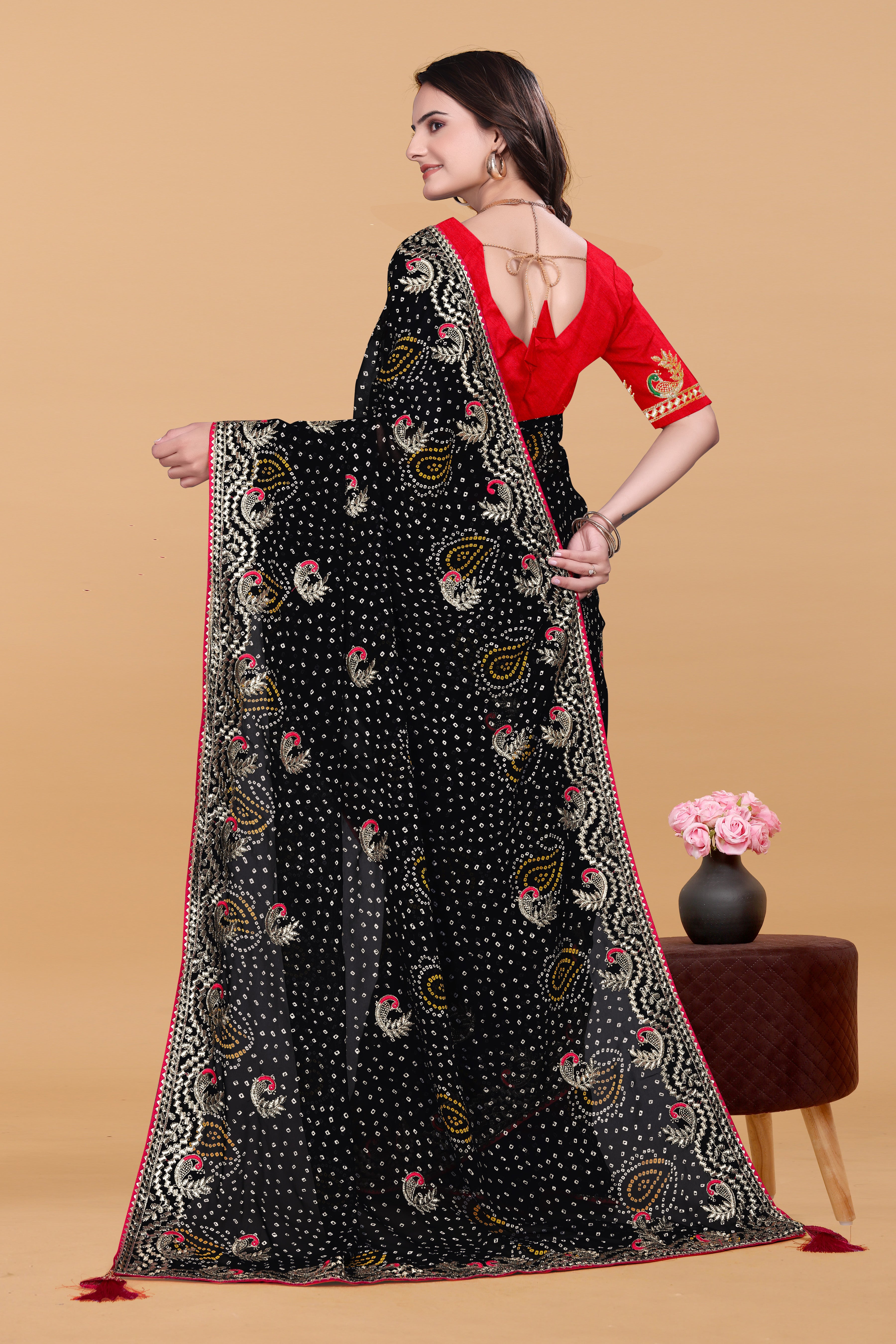 Black Georgette Designer Saree with Embroidered Border & Red Blouse Piece