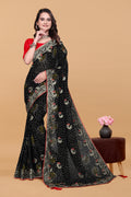 Black Georgette Designer Saree with Embroidered Border & Red Blouse Piece
