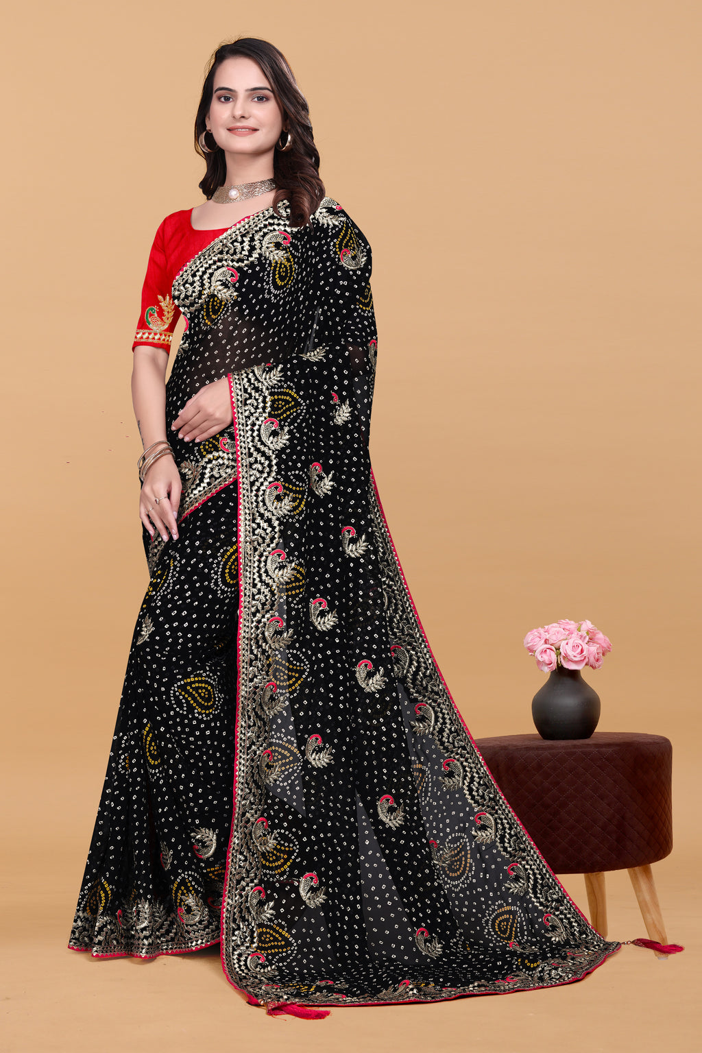 Black Georgette Designer Saree with Embroidered Border & Red Blouse Piece