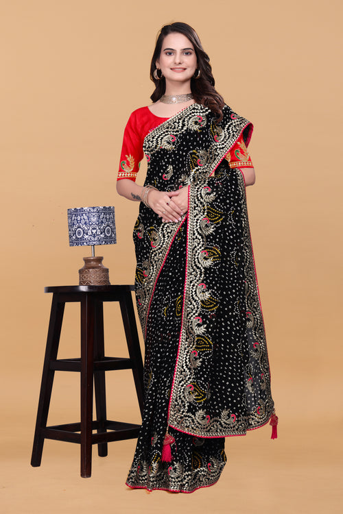 Black Georgette Designer Saree with Embroidered Border & Red Blouse Piece