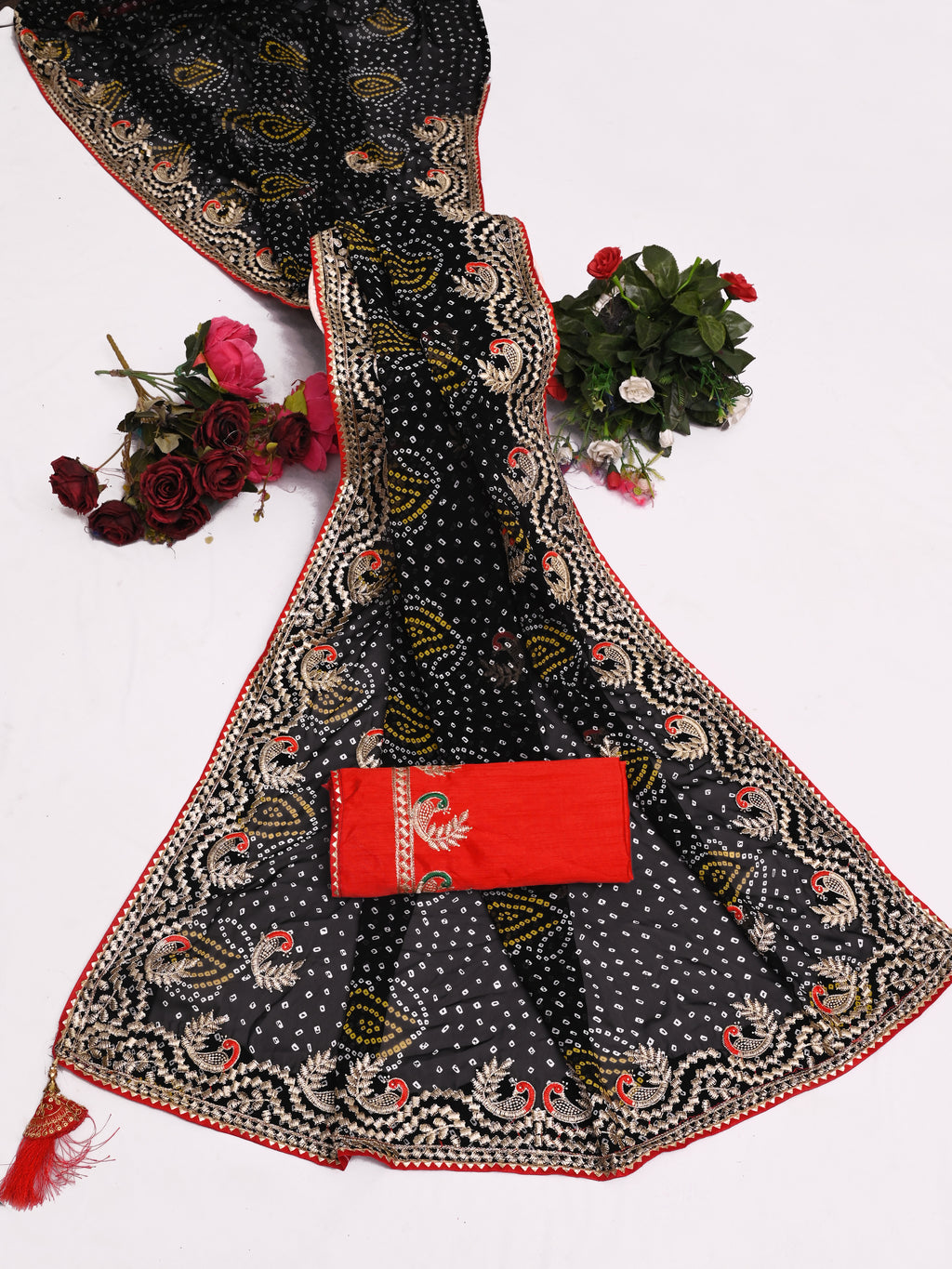 Black Georgette Designer Saree with Embroidered Border & Red Blouse Piece