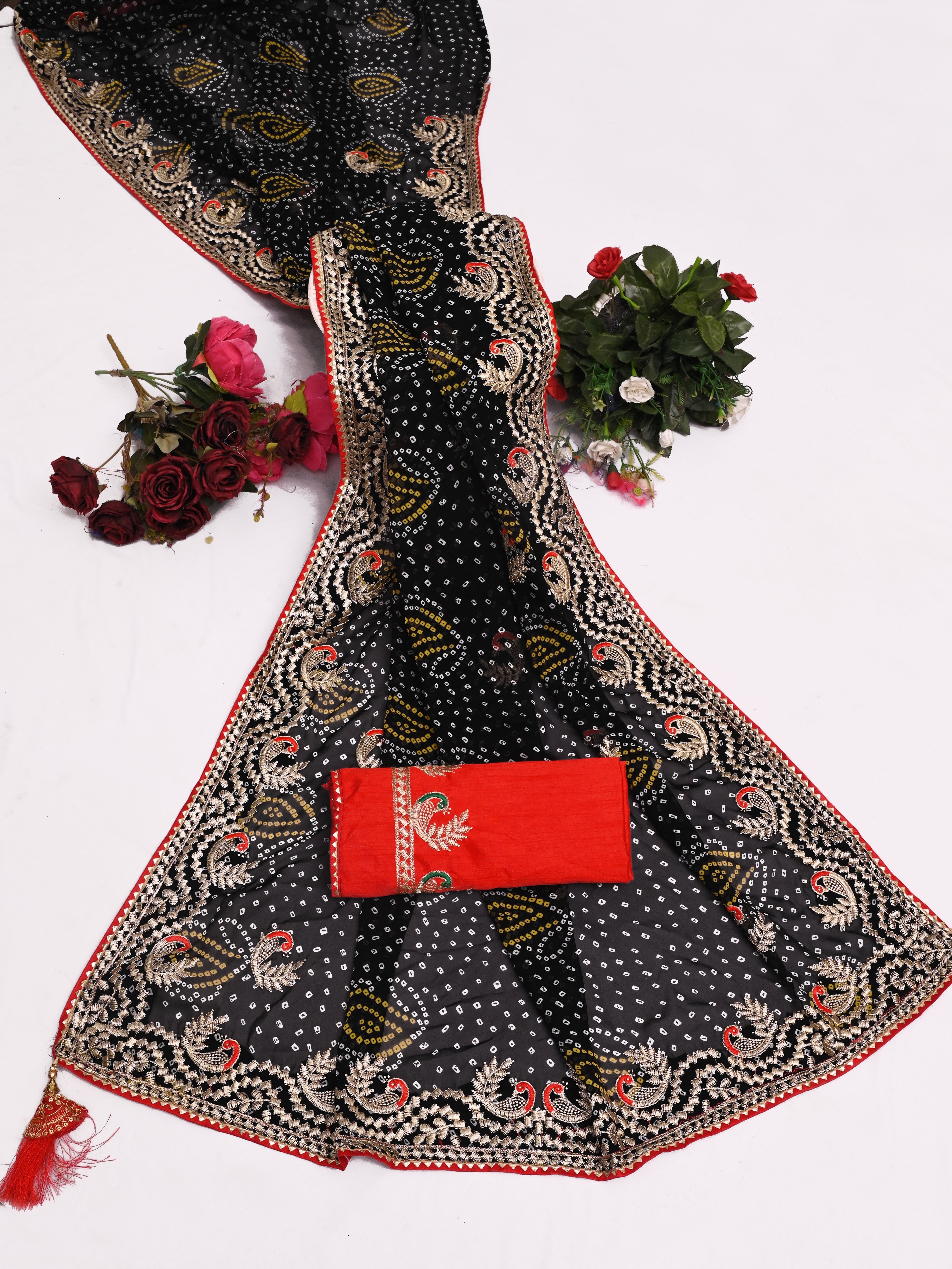 Black Georgette Designer Saree with Embroidered Border & Red Blouse Piece