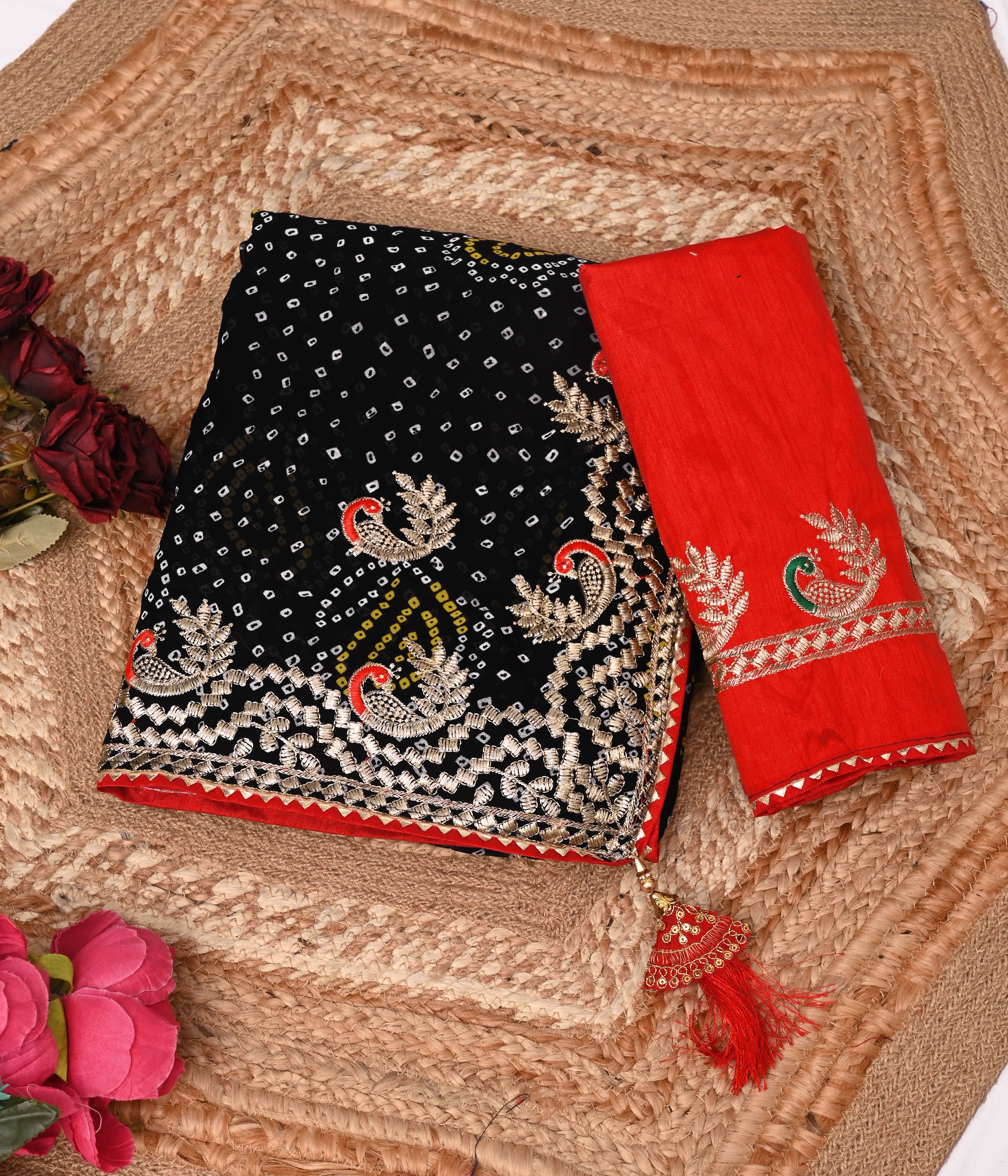 Black Georgette Designer Saree with Embroidered Border & Red Blouse Piece