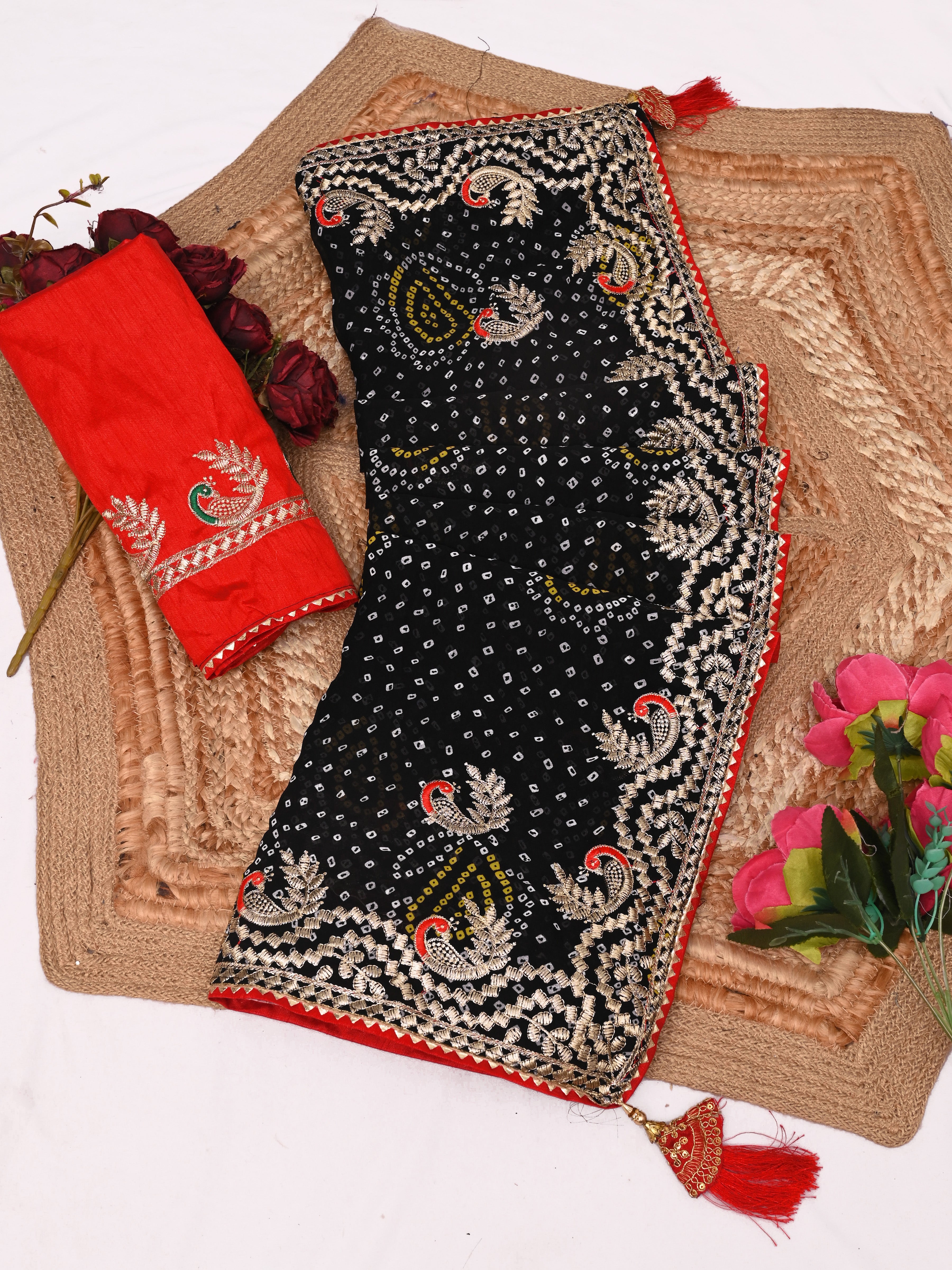 Black Georgette Designer Saree with Embroidered Border & Red Blouse Piece