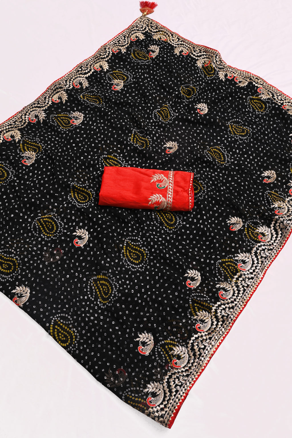 Black Georgette Designer Saree with Embroidered Border & Red Blouse Piece