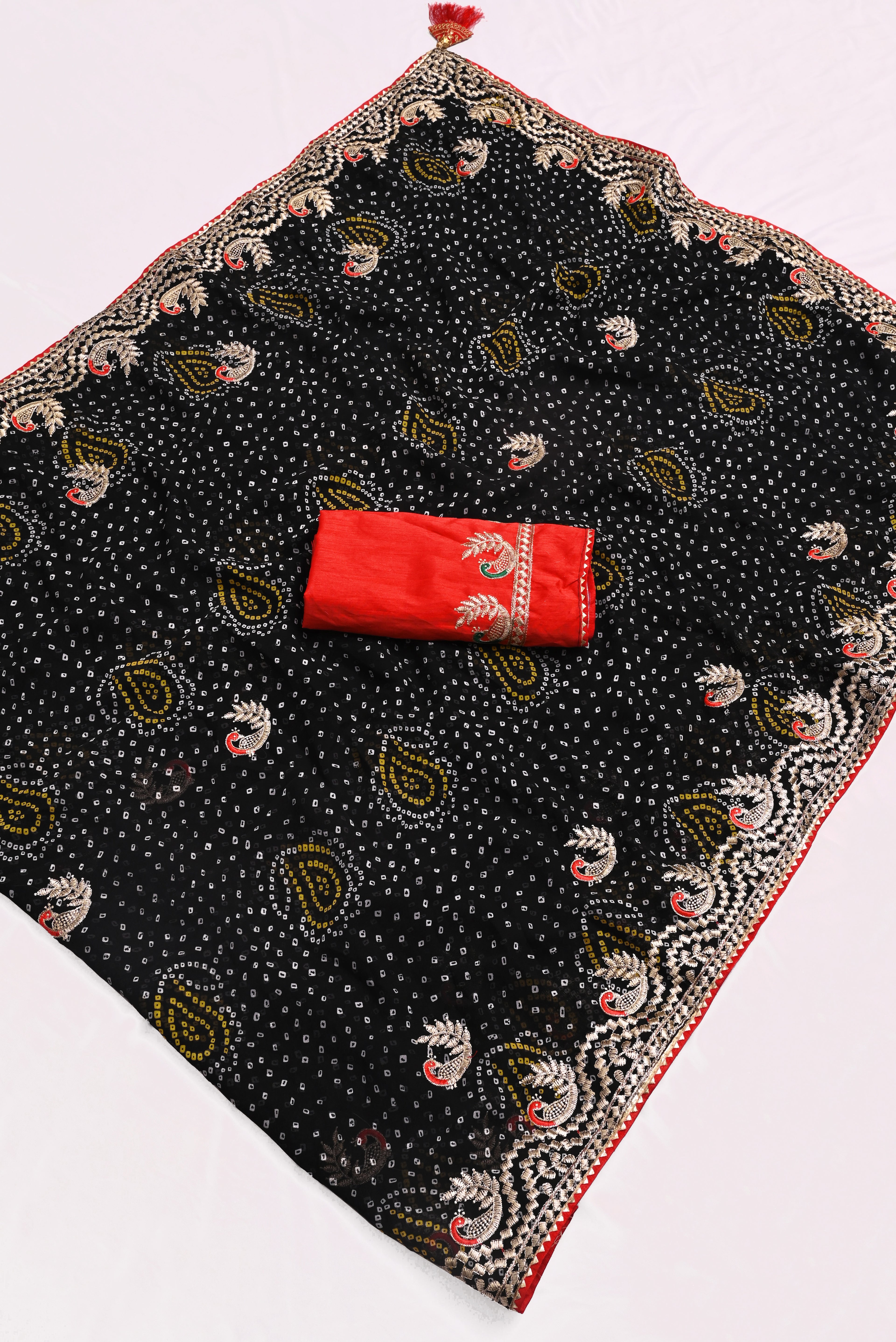 Black Georgette Designer Saree with Embroidered Border & Red Blouse Piece