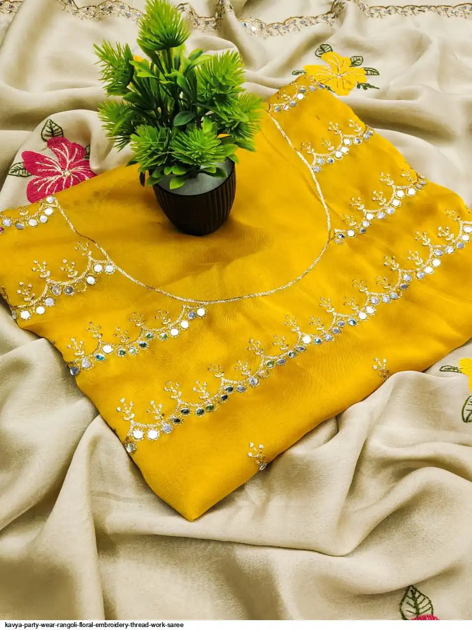 NAINARA Women's Designer Cream Fendy Satin Floral Embroidered Saree with Unstitched Blouse | Party Wear & Festive Saree