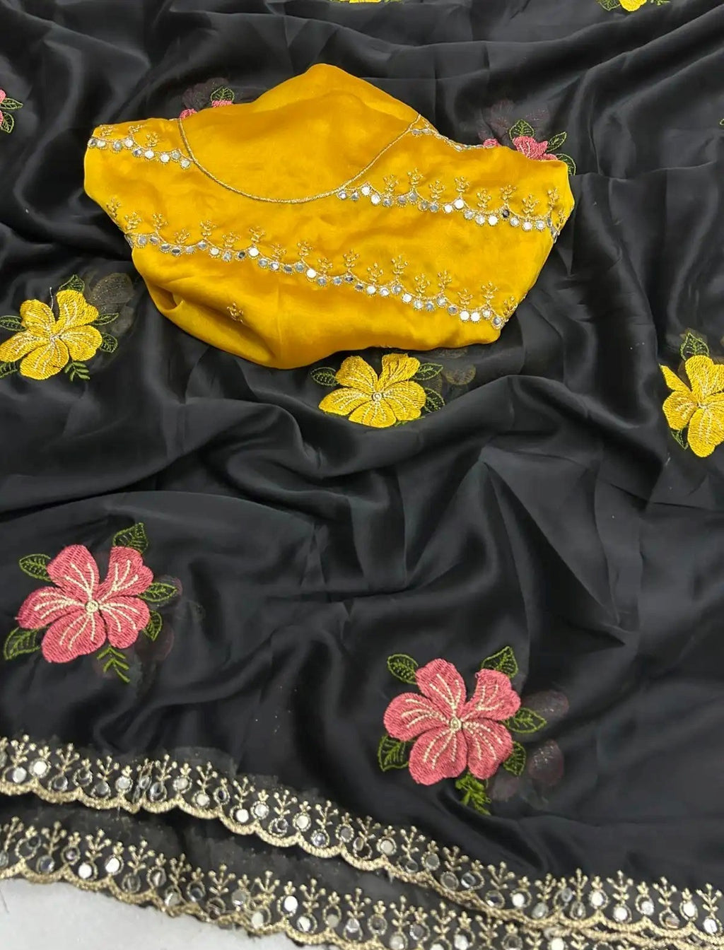 NAINARA Women's Designer Black Fendy Satin Floral Embroidered Saree with Unstitched Blouse | Party Wear & Festive Saree (Copy)