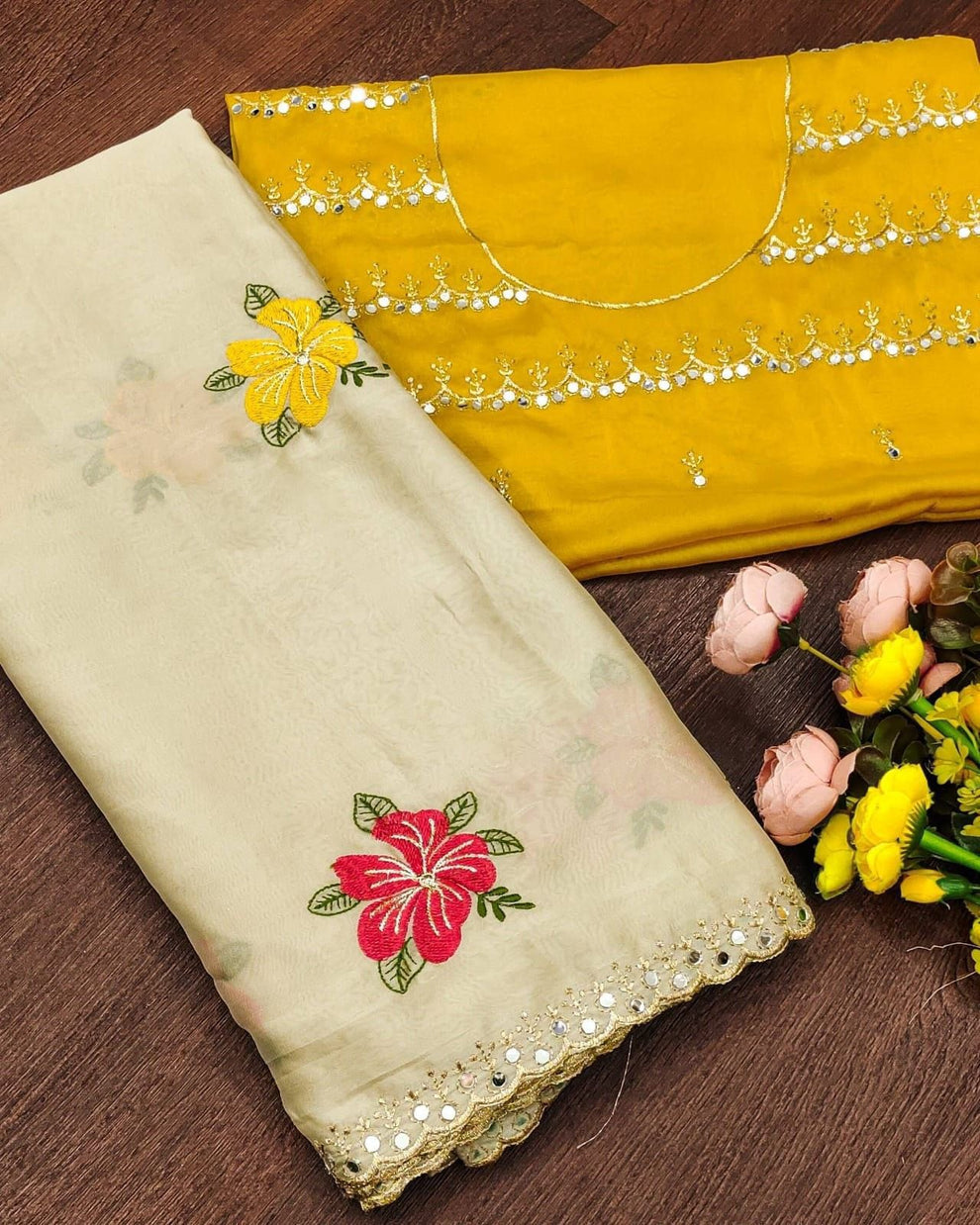 NAINARA Women's Designer Cream Fendy Satin Floral Embroidered Saree with Unstitched Blouse | Party Wear & Festive Saree