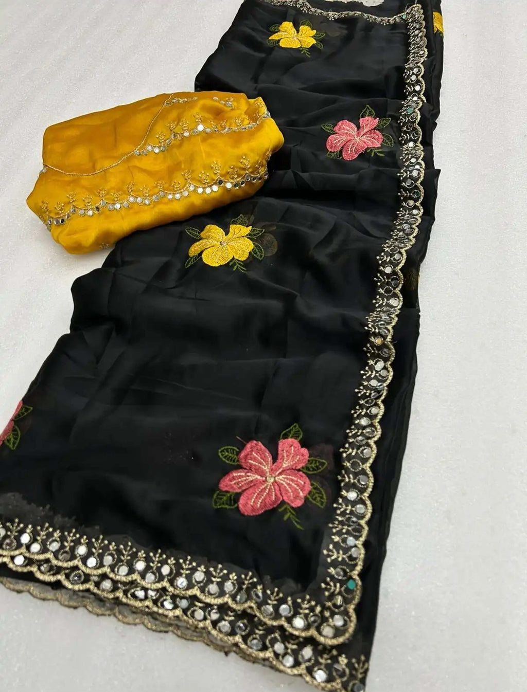 NAINARA Women's Designer Black Fendy Satin Floral Embroidered Saree with Unstitched Blouse | Party Wear & Festive Saree (Copy)