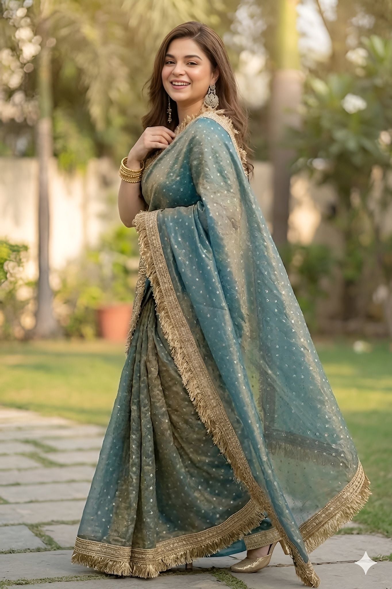NAINARA Women's Premium Teal Blue Jimmy Choo Designer Saree with Heavy Lace Border & Unstitched Blouse Piece | Party Wear Wedding Saree