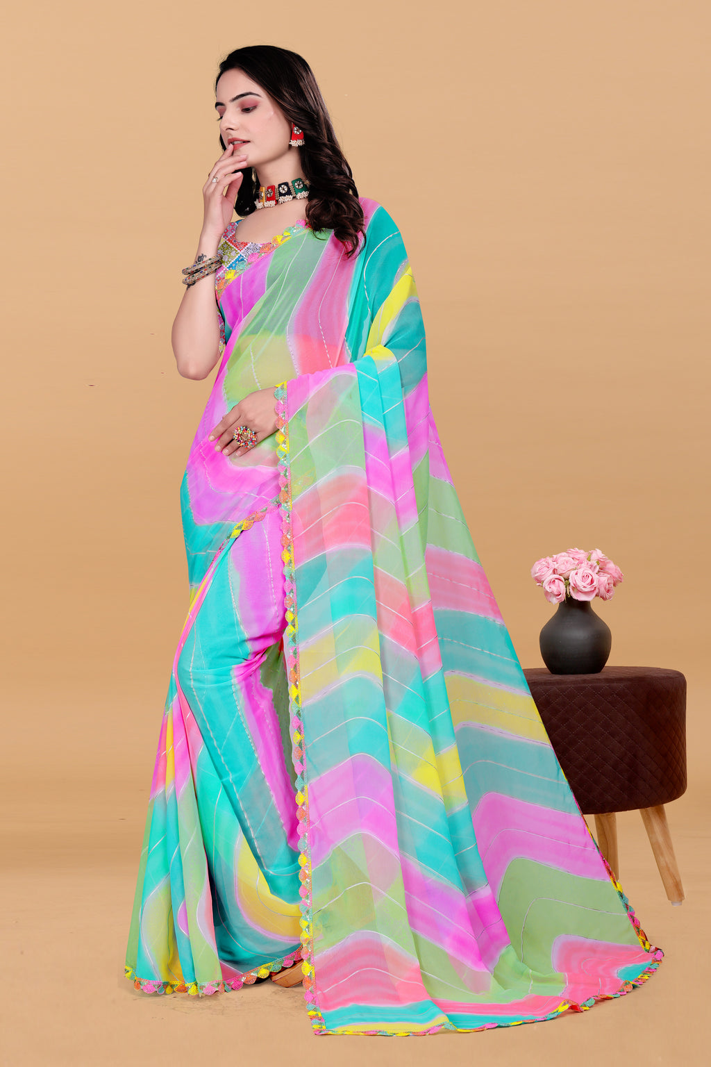NAINARA Multicolor Pastel Georgette Saree with Designer Lace Border & Matching Blouse