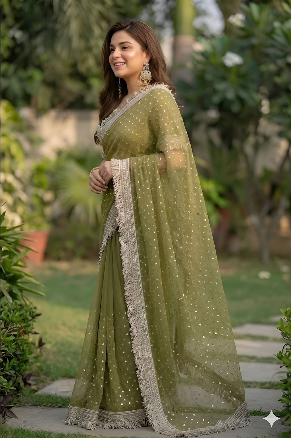 NAINARA Women's Designer Olive Green Jimmy Choo Saree with Unstitched Blouse | Party Wear, Wedding & Festive Saree