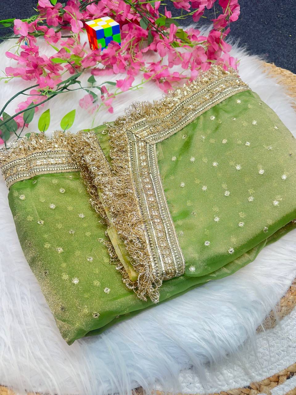 NAINARA Women's Designer Olive Green Jimmy Choo Saree with Unstitched Blouse | Party Wear, Wedding & Festive Saree