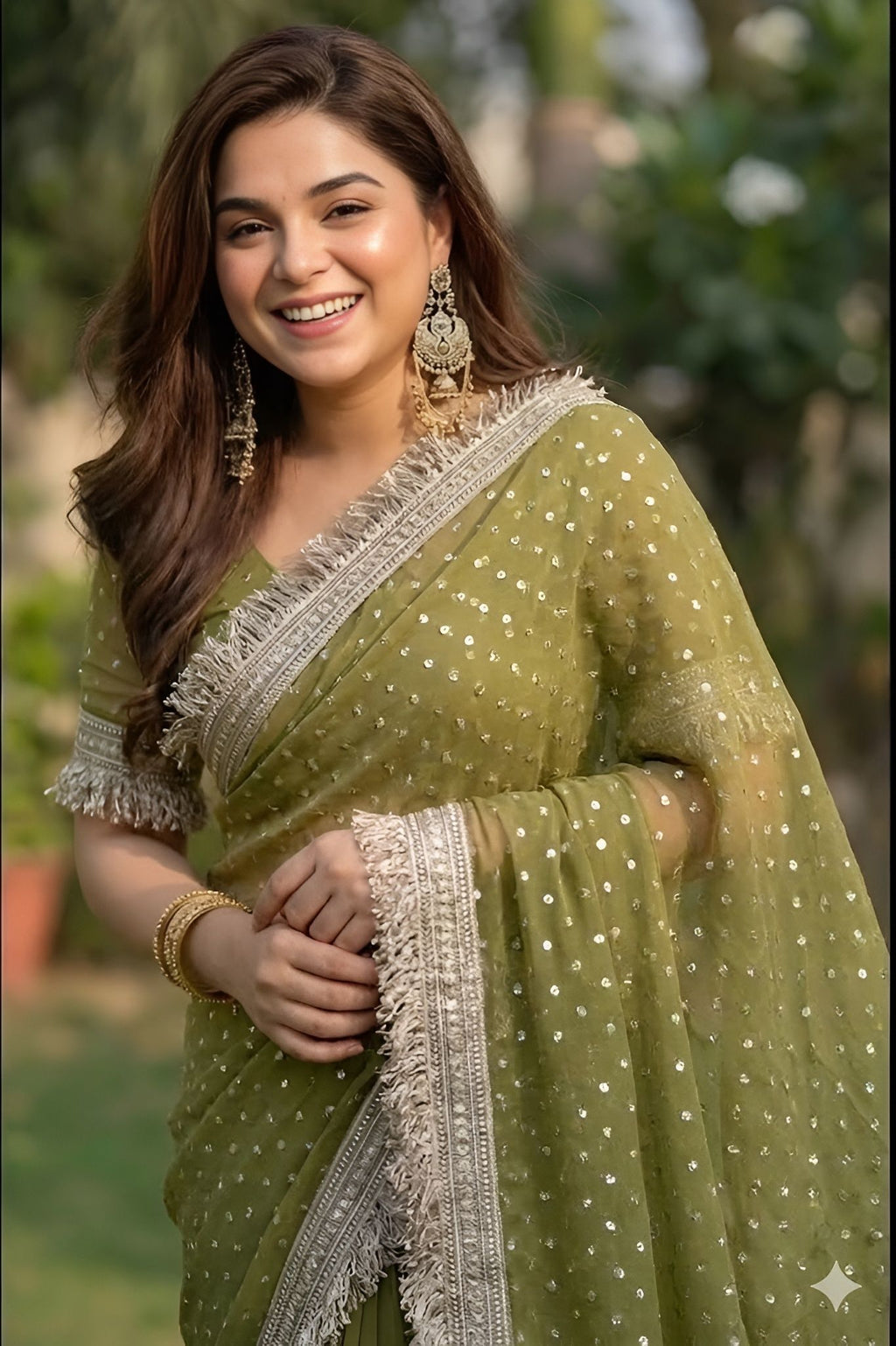 NAINARA Women's Designer Olive Green Jimmy Choo Saree with Unstitched Blouse | Party Wear, Wedding & Festive Saree