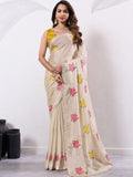 NAINARA Women's Designer Cream Fendy Satin Floral Embroidered Saree with Unstitched Blouse | Party Wear & Festive Saree
