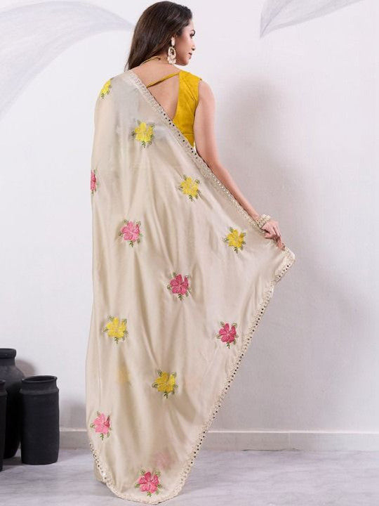 NAINARA Women's Designer Cream Fendy Satin Floral Embroidered Saree with Unstitched Blouse | Party Wear & Festive Saree