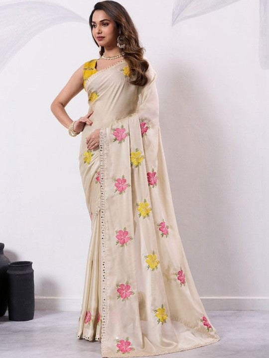 NAINARA Women's Designer Cream Fendy Satin Floral Embroidered Saree with Unstitched Blouse | Party Wear & Festive Saree