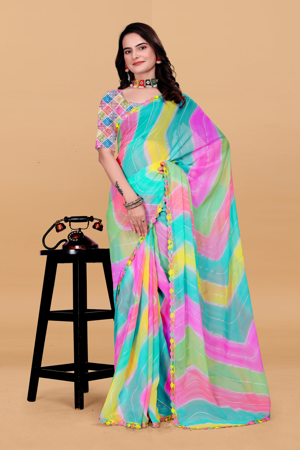 NAINARA Multicolor Pastel Georgette Saree with Designer Lace Border & Matching Blouse