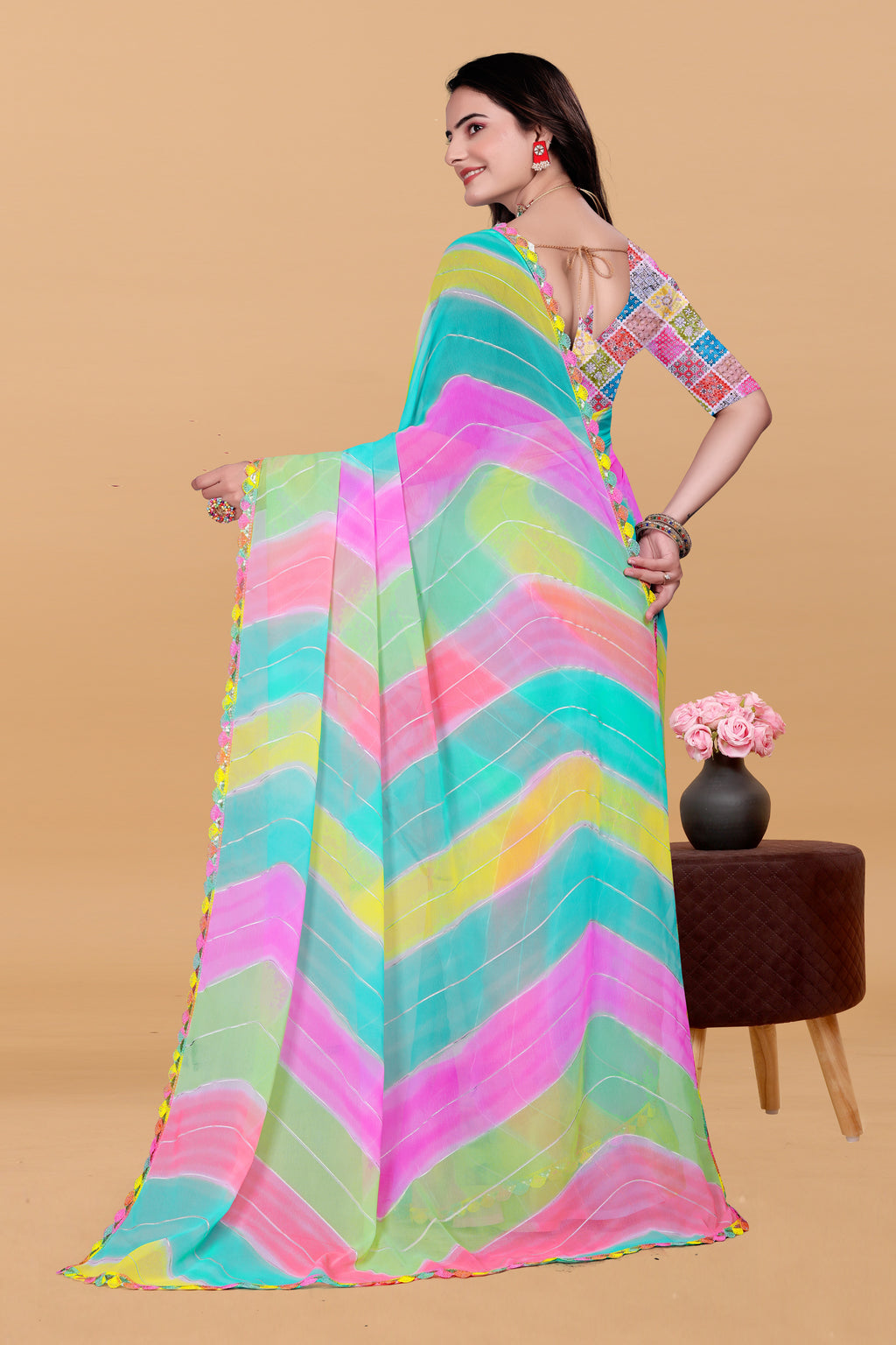 NAINARA Multicolor Pastel Georgette Saree with Designer Lace Border & Matching Blouse
