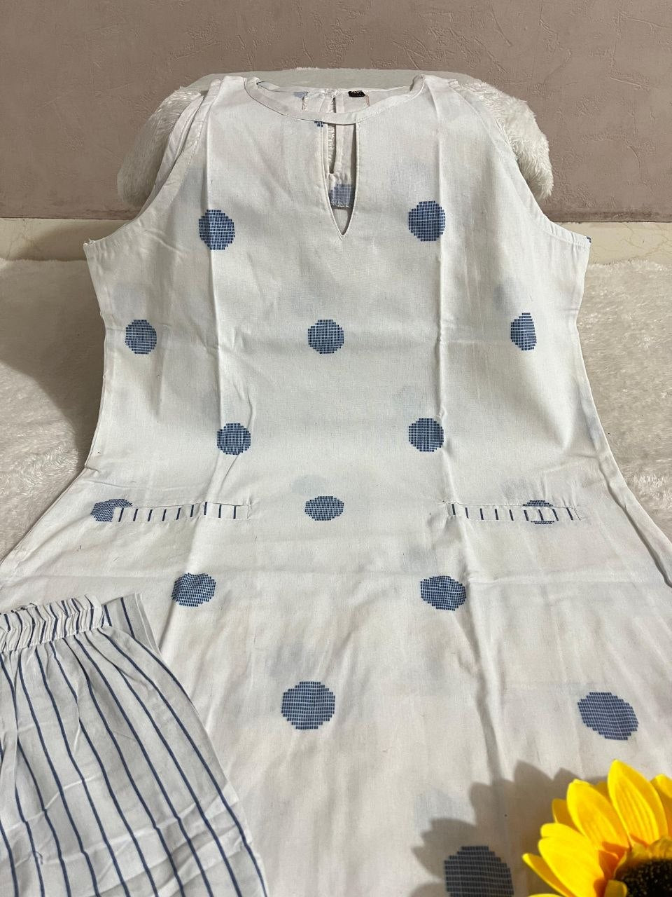 NAINARA Women’s White Premium Cotton A-Line Kurti with Striped Straight Pant Set