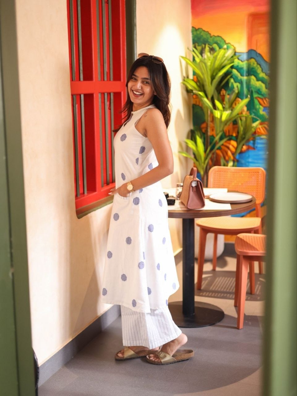 NAINARA Women’s White Premium Cotton A-Line Kurti with Striped Straight Pant Set