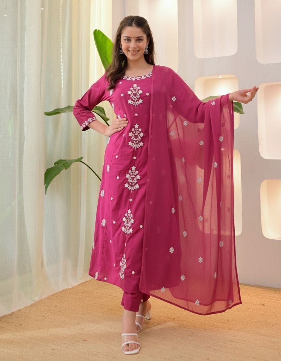 NAINARA Women’s Rani Pink Roman Silk Embroidered Kurta Pant Dupatta Set