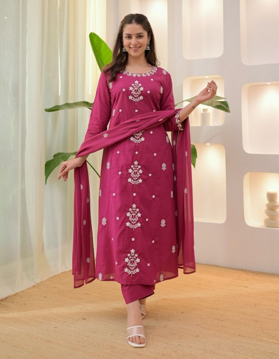 NAINARA Women’s Rani Pink Roman Silk Embroidered Kurta Pant Dupatta Set