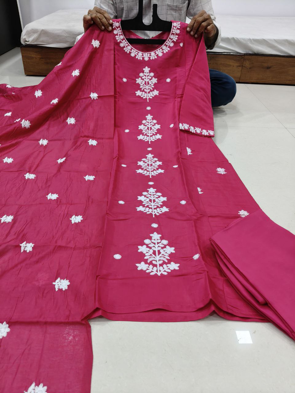 NAINARA Women’s Rani Pink Roman Silk Embroidered Kurta Pant Dupatta Set