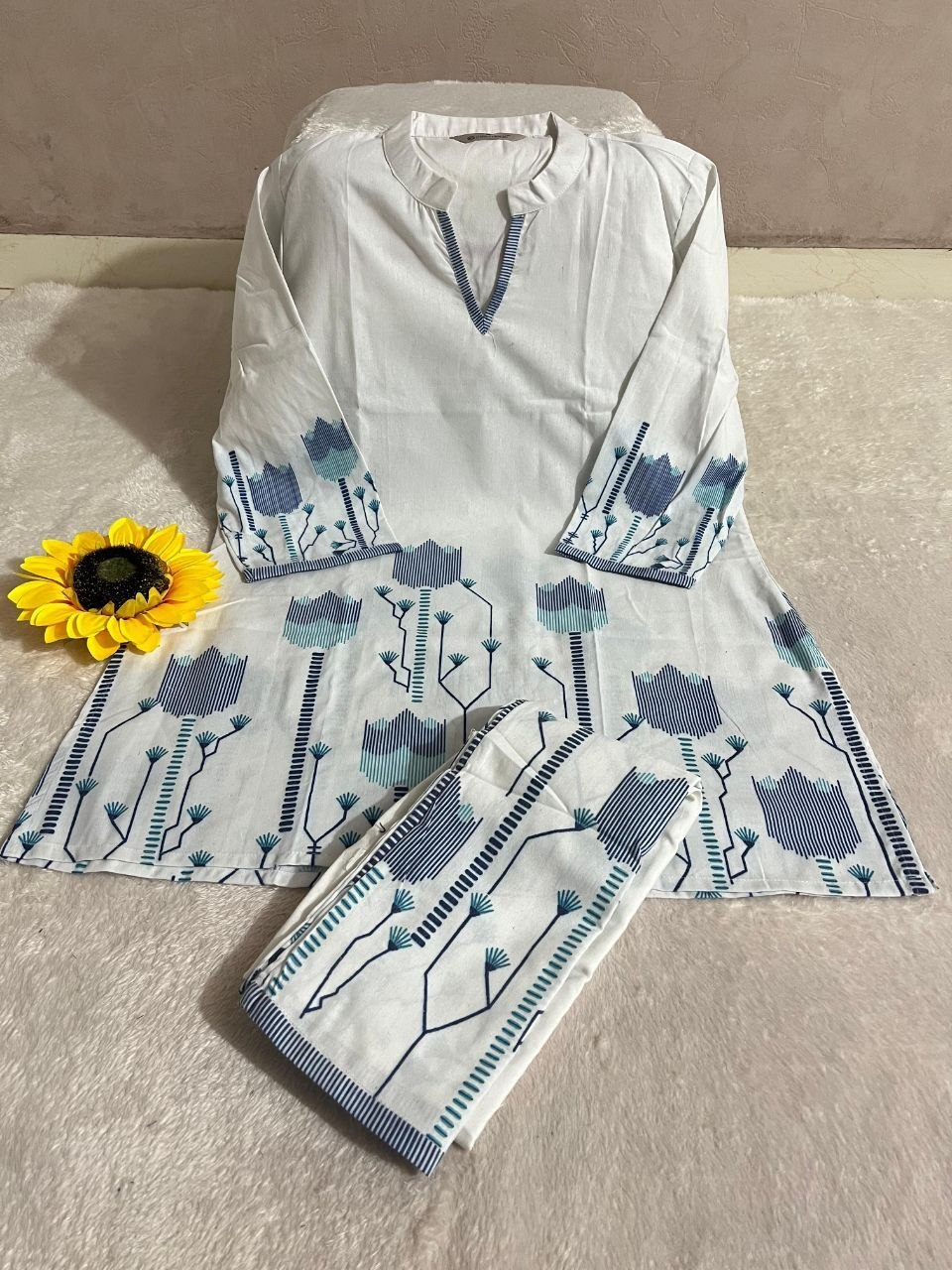 NAINARA Women’s White and Blue Printed Co-ord Set with Straight Kurta and Ankle-Length Palazzo Pants