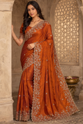 NAINARA Women's Designer Rust Orange Embroidered Saree with Unstitched Blouse | Premium Party Wear, Wedding & Festive Saree
