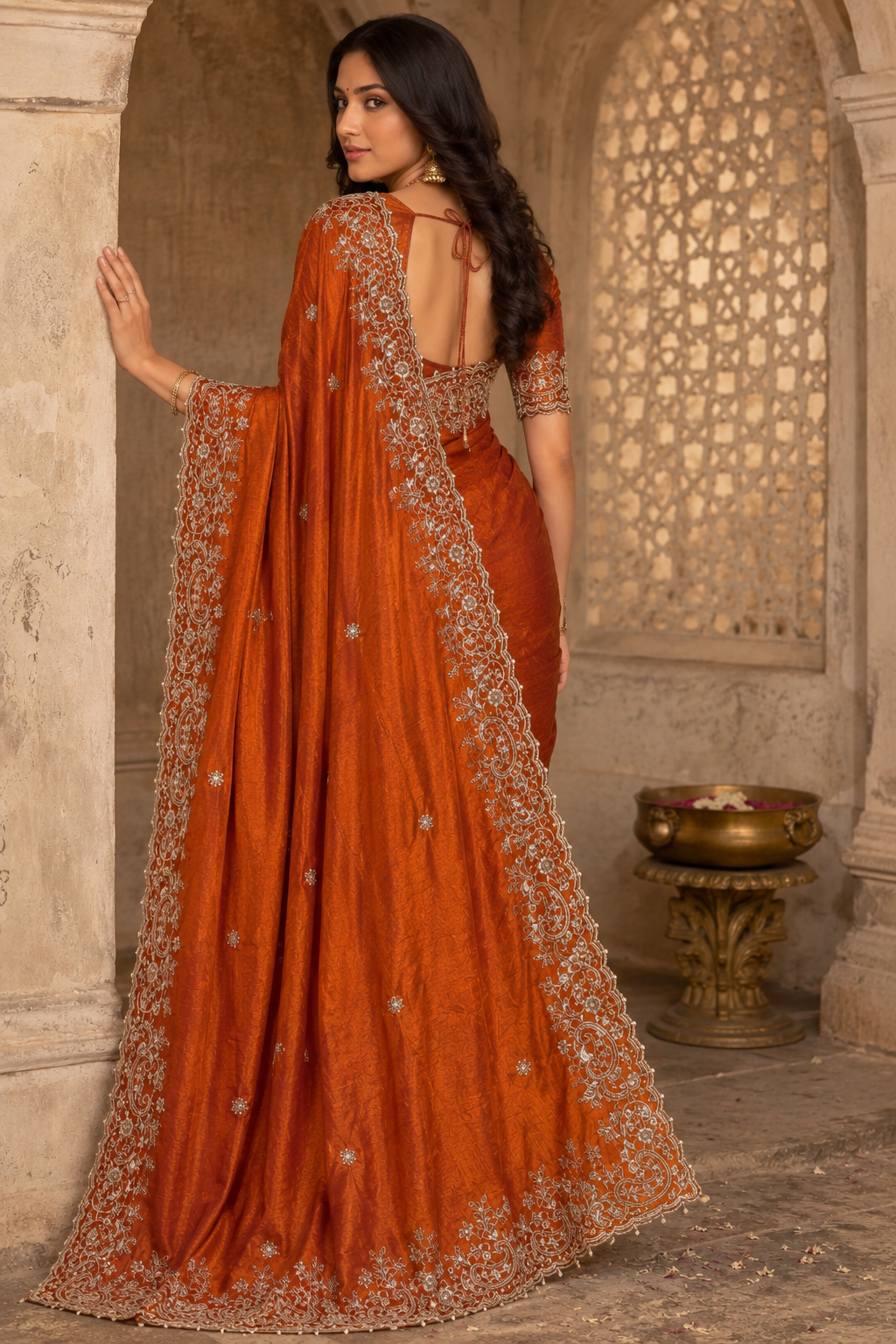 NAINARA Women's Designer Rust Orange Embroidered Saree with Unstitched Blouse | Premium Party Wear, Wedding & Festive Saree