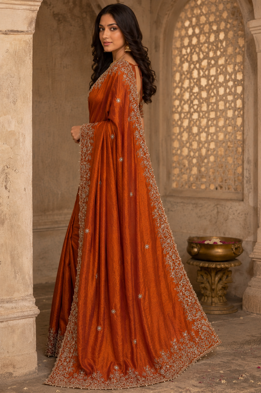 NAINARA Women's Designer Rust Orange Embroidered Saree with Unstitched Blouse | Premium Party Wear, Wedding & Festive Saree