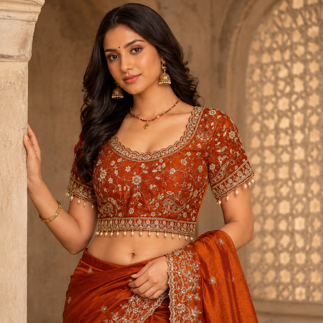 NAINARA Women's Designer Rust Orange Embroidered Saree with Unstitched Blouse | Premium Party Wear, Wedding & Festive Saree