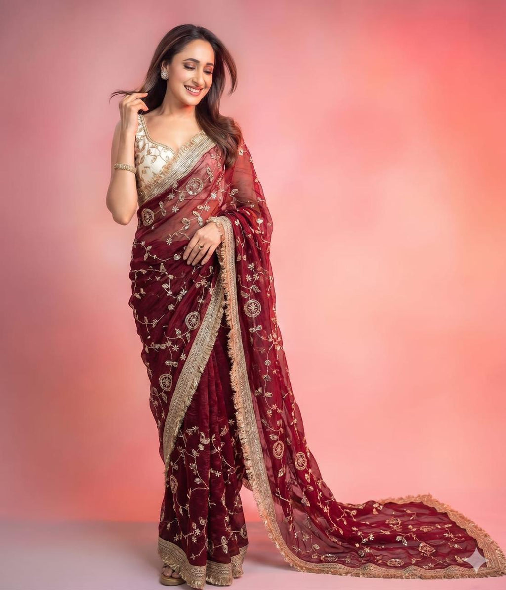 NAINARA Designer Embroidered Georgette Saree with Unstitched Blouse for Women – Maroon