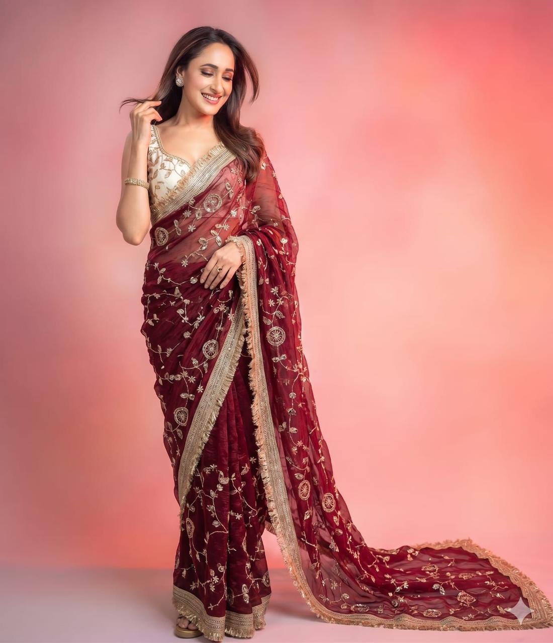 NAINARA Designer Embroidered Georgette Saree with Unstitched Blouse for Women – Maroon