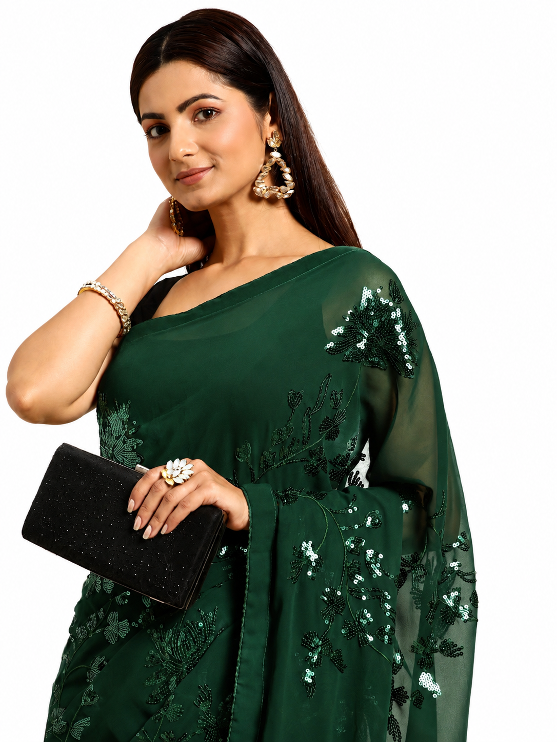 NAINARA Dark Green Georgette Embroidered Saree with Sequins Work and Unstitched Blouse