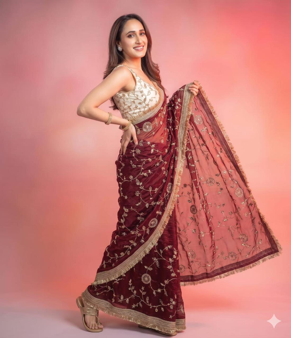 NAINARA Designer Embroidered Georgette Saree with Unstitched Blouse for Women – Maroon