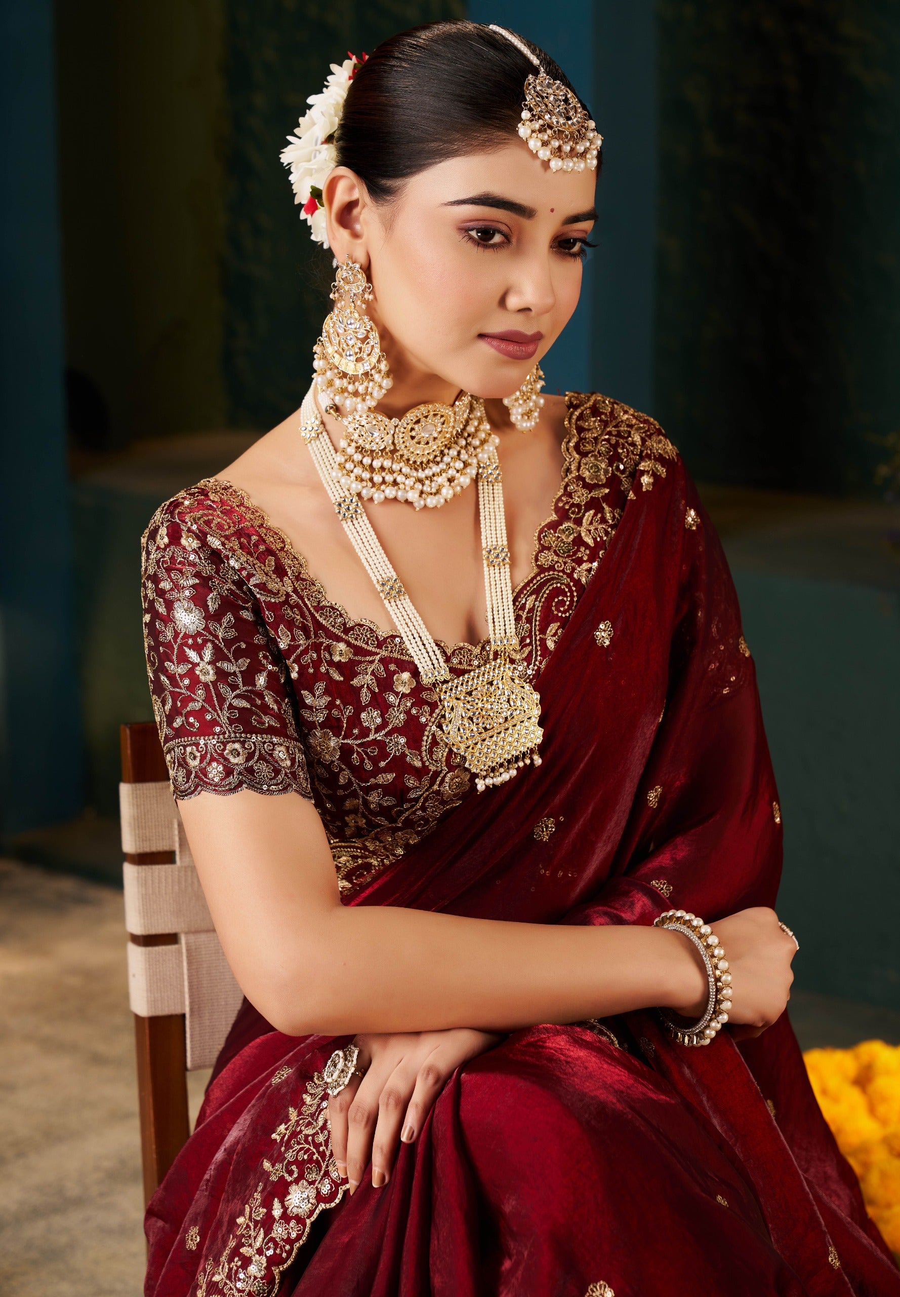 NAINARA Women's Designer Maroon Embroidered Saree with Heavy Embroidered Blouse | Wedding, Bridal & Party Wear Saree