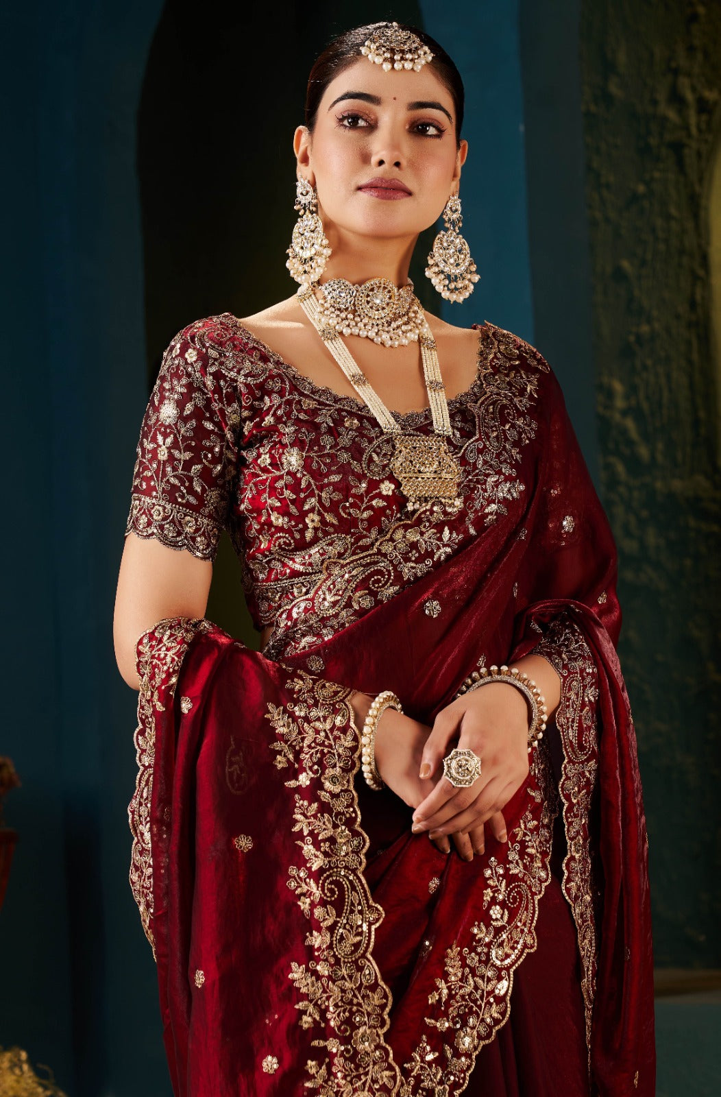 NAINARA Women's Designer Maroon Embroidered Saree with Heavy Embroidered Blouse | Wedding, Bridal & Party Wear Saree