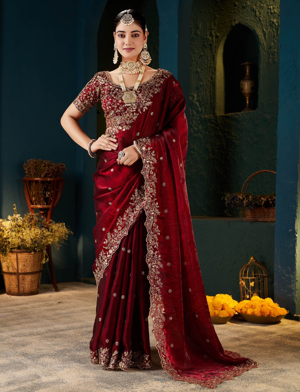 NAINARA Women's Designer Maroon Embroidered Saree with Heavy Embroidered Blouse | Wedding, Bridal & Party Wear Saree