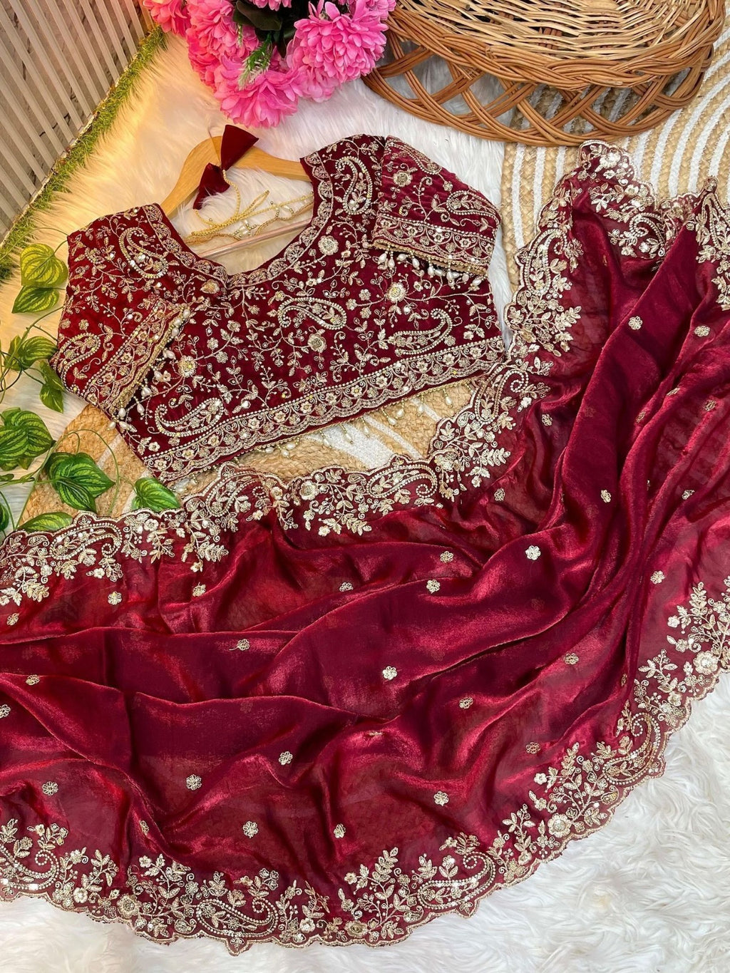 NAINARA Women's Designer Maroon Embroidered Saree with Heavy Embroidered Blouse | Wedding, Bridal & Party Wear Saree