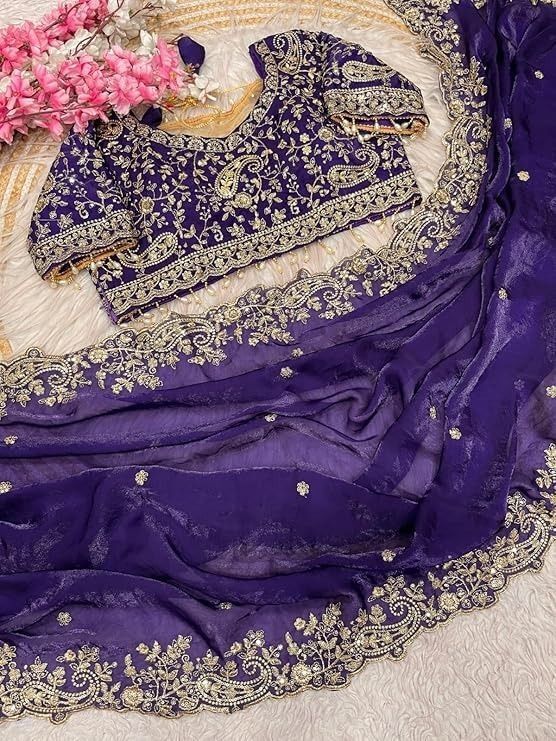 NAINARA Women's Designer Purple Fendy Satin Embroidered Saree with Unstitched Blouse | Wedding, Party & Festive Wear
