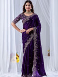 NAINARA Women's Designer Purple Fendy Satin Embroidered Saree with Unstitched Blouse | Wedding, Party & Festive Wear